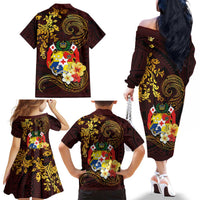 Tonga Ngatu and Hibiscus with Polynesian Tattoo Family Matching Off The Shoulder Long Sleeve Dress and Hawaiian Shirt Gold and Oxblood Color LT03 - Polynesian Pride