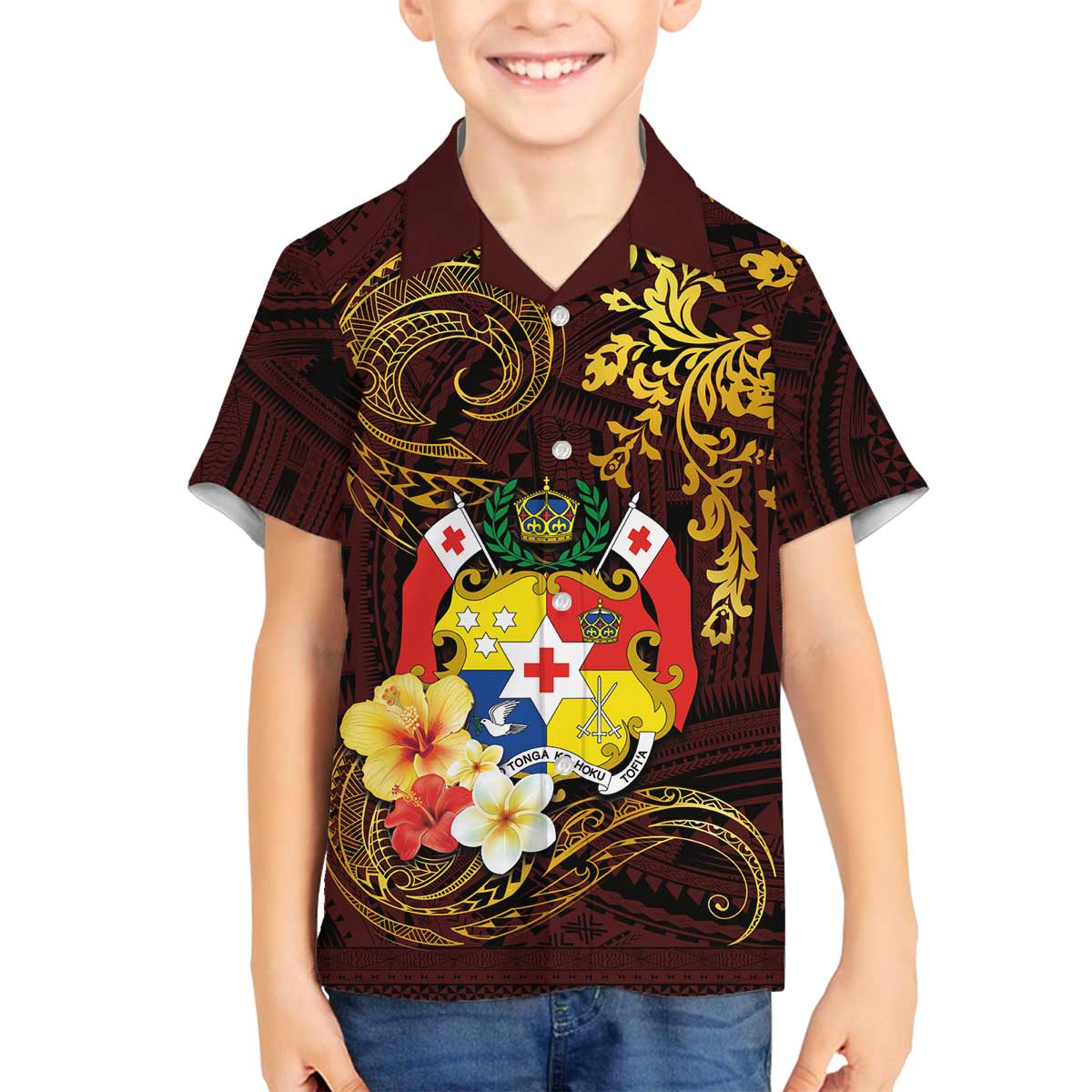 Tonga Ngatu and Hibiscus with Polynesian Tattoo Family Matching Off The Shoulder Long Sleeve Dress and Hawaiian Shirt Gold and Oxblood Color LT03 Son's Shirt Oxblood - Polynesian Pride