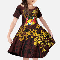 Tonga Ngatu and Hibiscus with Polynesian Tattoo Family Matching Off Shoulder Maxi Dress and Hawaiian Shirt Gold and Oxblood Color LT03 Daughter's Dress Oxblood - Polynesian Pride