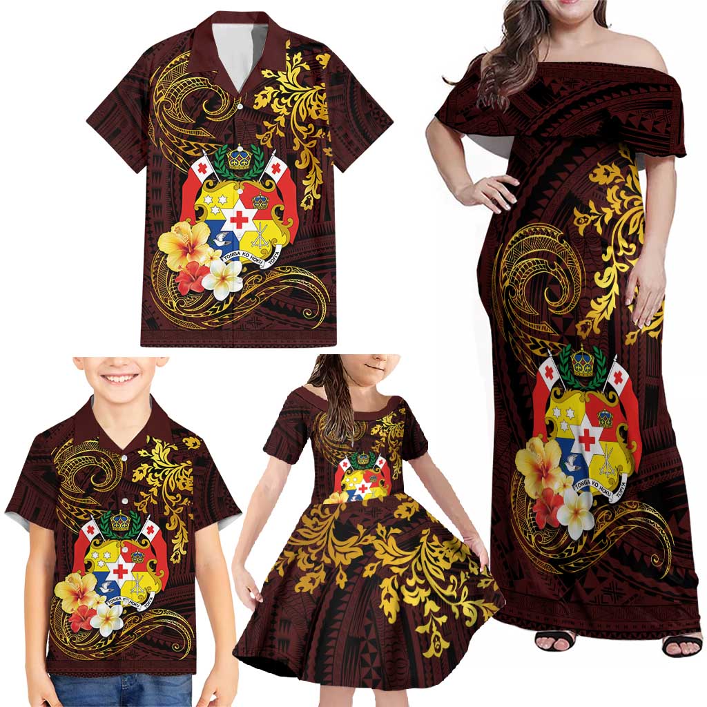 Tonga Ngatu and Hibiscus with Polynesian Tattoo Family Matching Off Shoulder Maxi Dress and Hawaiian Shirt Gold and Oxblood Color LT03 - Polynesian Pride