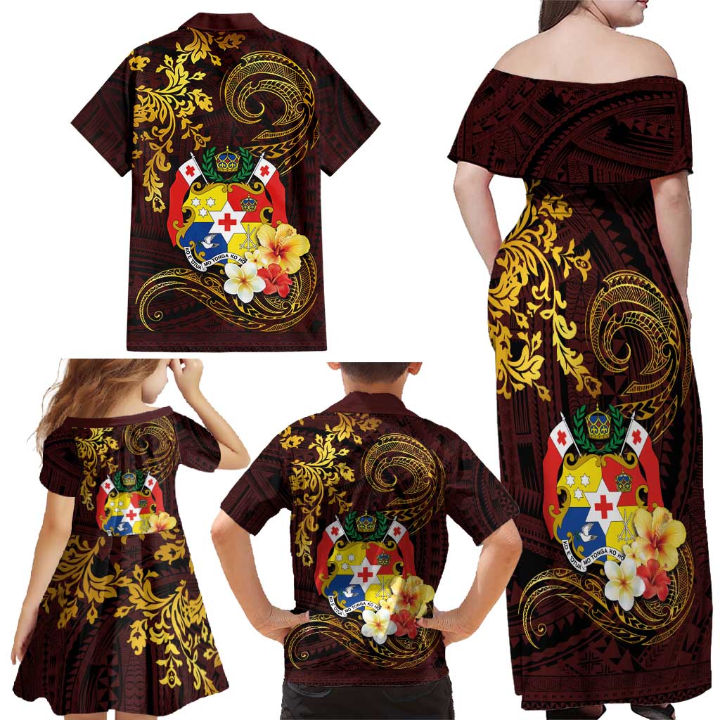 Tonga Ngatu and Hibiscus with Polynesian Tattoo Family Matching Off Shoulder Maxi Dress and Hawaiian Shirt Gold and Oxblood Color LT03 - Polynesian Pride