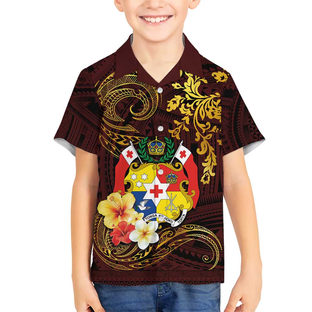 Tonga Ngatu and Hibiscus with Polynesian Tattoo Family Matching Off Shoulder Maxi Dress and Hawaiian Shirt Gold and Oxblood Color LT03 Son's Shirt Oxblood - Polynesian Pride
