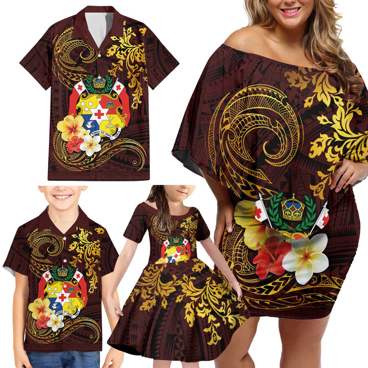 Tonga Ngatu and Hibiscus with Polynesian Tattoo Family Matching Off Shoulder Short Dress and Hawaiian Shirt Gold and Oxblood Color LT03 - Polynesian Pride