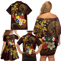 Tonga Ngatu and Hibiscus with Polynesian Tattoo Family Matching Off Shoulder Short Dress and Hawaiian Shirt Gold and Oxblood Color LT03 - Polynesian Pride