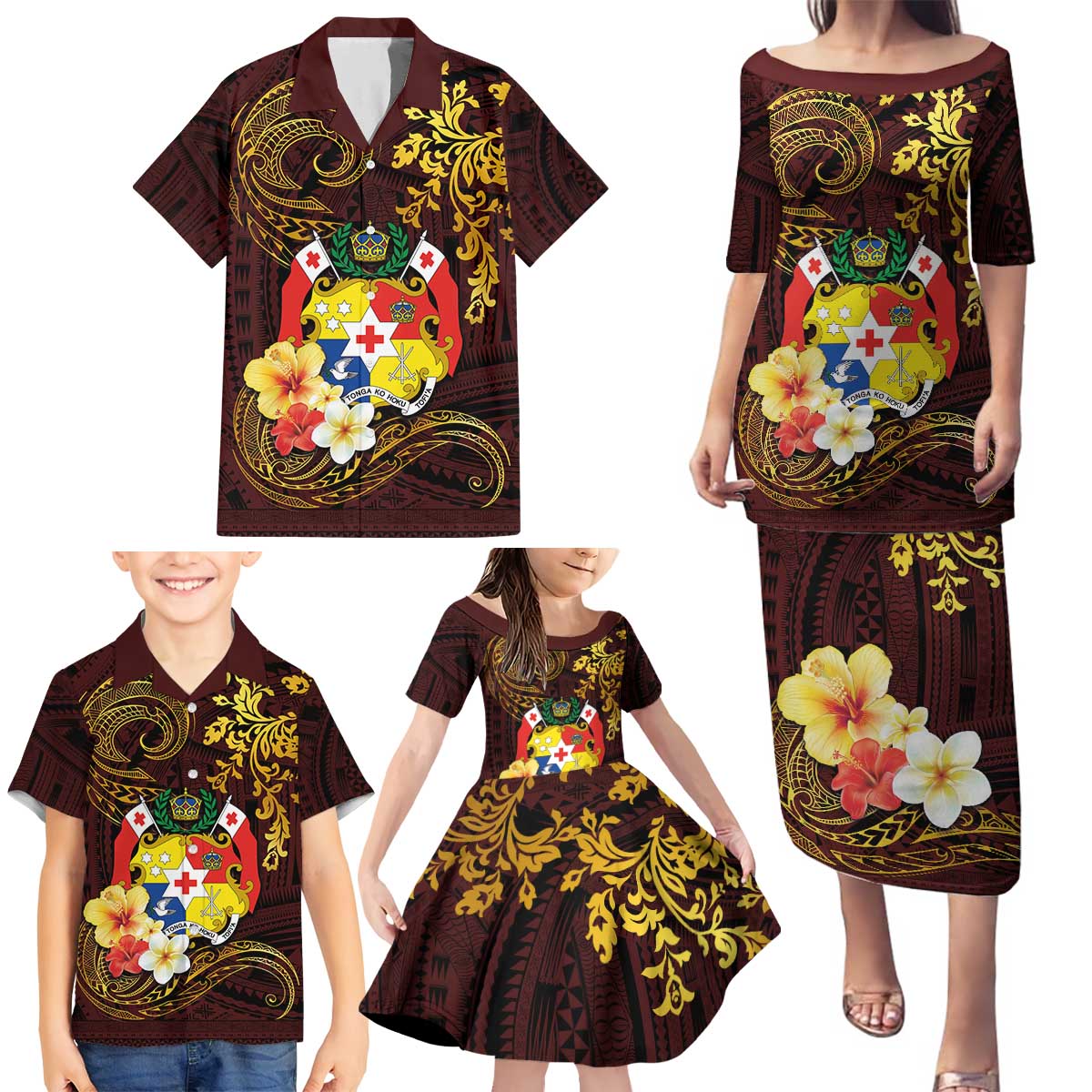 Tonga Ngatu and Hibiscus with Polynesian Tattoo Family Matching Puletasi and Hawaiian Shirt Gold and Oxblood Color LT03 - Polynesian Pride