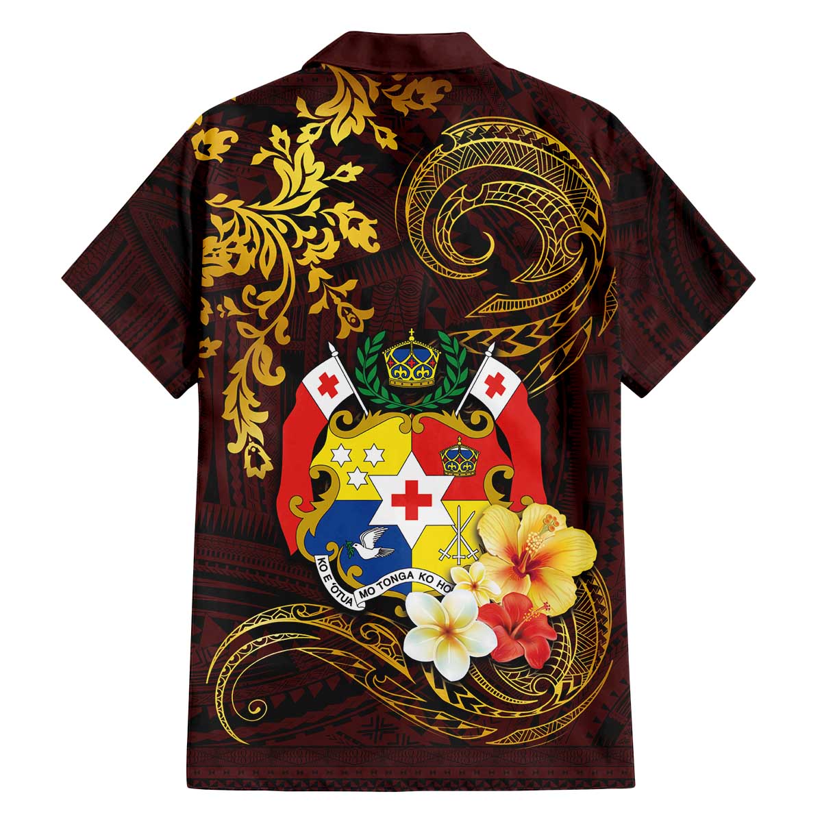 Tonga Ngatu and Hibiscus with Polynesian Tattoo Family Matching Puletasi and Hawaiian Shirt Gold and Oxblood Color LT03 - Polynesian Pride