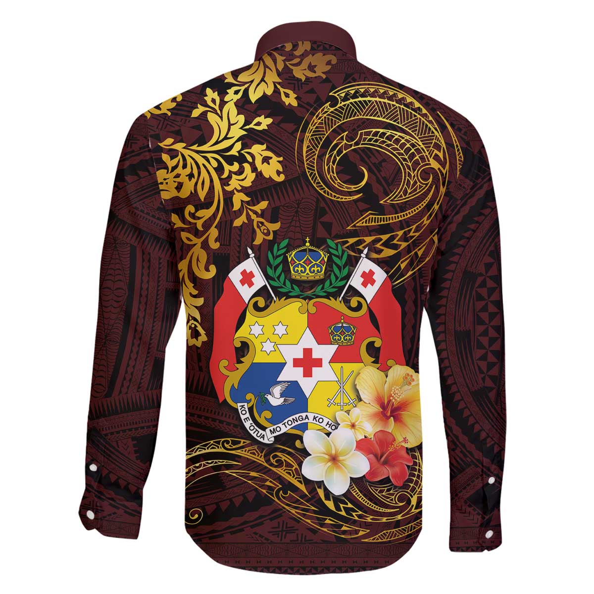 Tonga Ngatu and Hibiscus with Polynesian Tattoo Family Matching Puletasi and Hawaiian Shirt Gold and Oxblood Color LT03 - Polynesian Pride