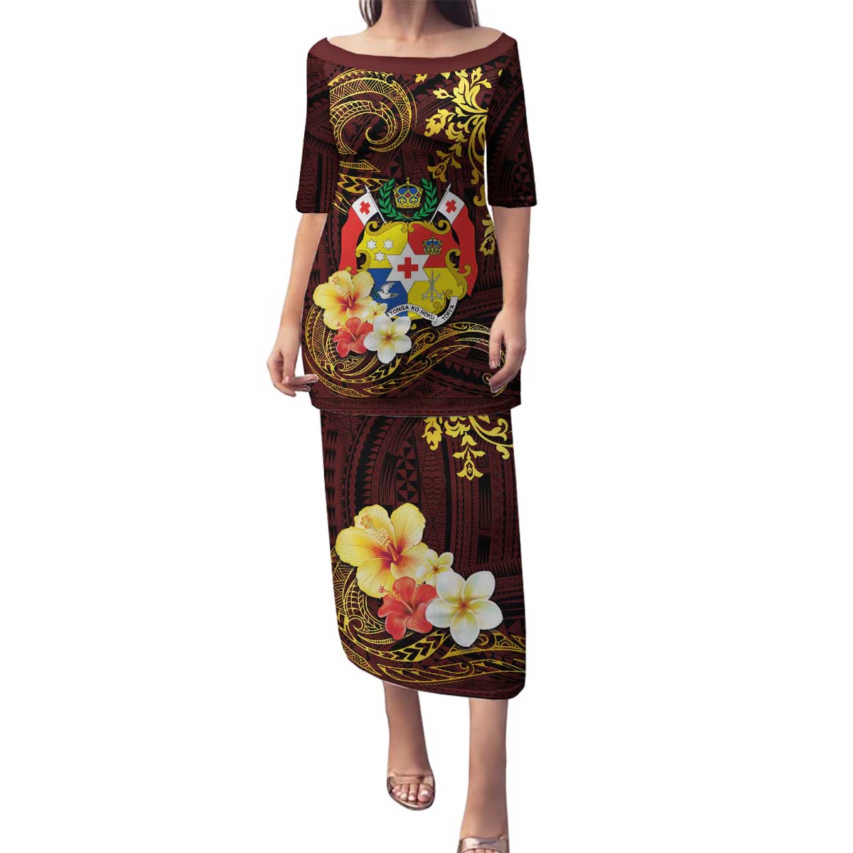 Tonga Ngatu and Hibiscus with Polynesian Tattoo Family Matching Puletasi and Hawaiian Shirt Gold and Oxblood Color LT03 Mom's Dress Oxblood - Polynesian Pride