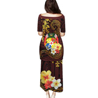 Tonga Ngatu and Hibiscus with Polynesian Tattoo Family Matching Puletasi and Hawaiian Shirt Gold and Oxblood Color LT03 - Polynesian Pride