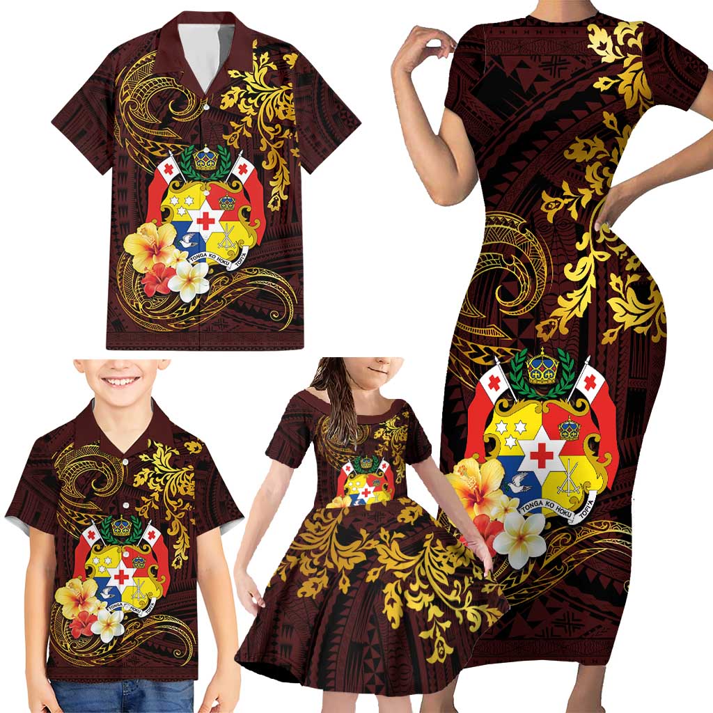 Tonga Ngatu and Hibiscus with Polynesian Tattoo Family Matching Short Sleeve Bodycon Dress and Hawaiian Shirt Gold and Oxblood Color LT03 - Polynesian Pride