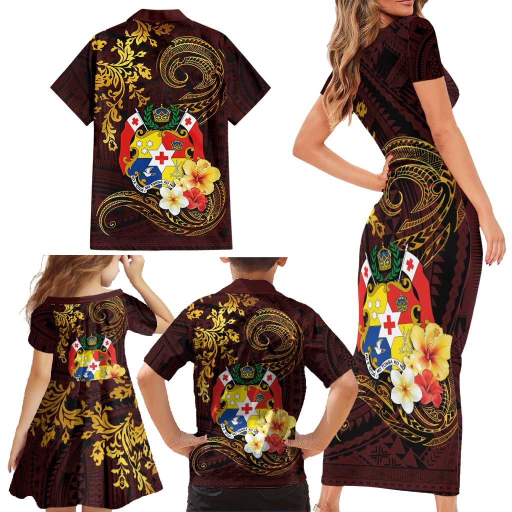 Tonga Ngatu and Hibiscus with Polynesian Tattoo Family Matching Short Sleeve Bodycon Dress and Hawaiian Shirt Gold and Oxblood Color LT03 - Polynesian Pride