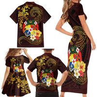 Tonga Ngatu and Hibiscus with Polynesian Tattoo Family Matching Short Sleeve Bodycon Dress and Hawaiian Shirt Gold and Oxblood Color LT03 - Polynesian Pride