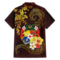Tonga Ngatu and Hibiscus with Polynesian Tattoo Family Matching Summer Maxi Dress and Hawaiian Shirt Gold and Oxblood Color LT03 - Polynesian Pride