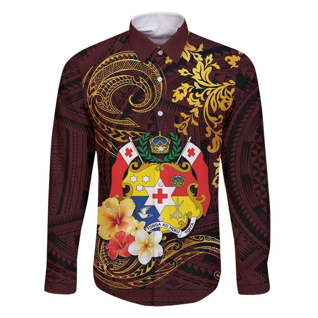 Tonga Ngatu and Hibiscus with Polynesian Tattoo Family Matching Summer Maxi Dress and Hawaiian Shirt Gold and Oxblood Color LT03 Dad's Shirt - Long Sleeve Oxblood - Polynesian Pride