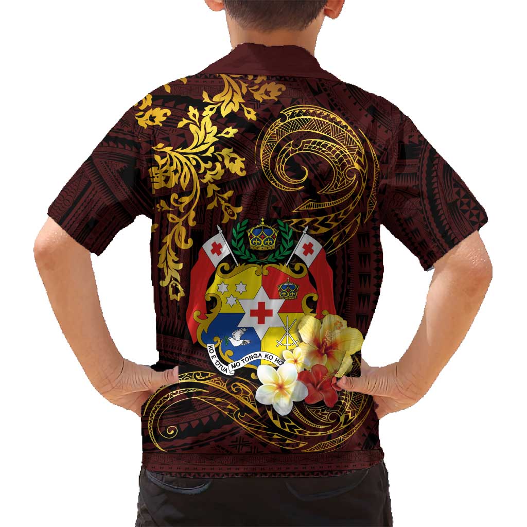 Tonga Ngatu and Hibiscus with Polynesian Tattoo Family Matching Tank Maxi Dress and Hawaiian Shirt Gold and Oxblood Color LT03 - Polynesian Pride