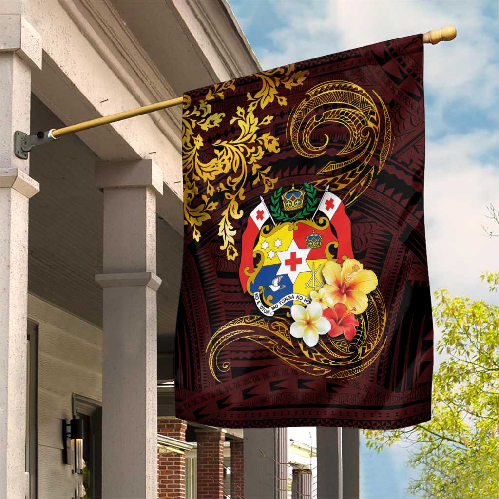 Tonga Ngatu and Hibiscus with Polynesian Tattoo Garden Flag Gold and Oxblood Color LT03 House Flag Oxblood - Polynesian Pride