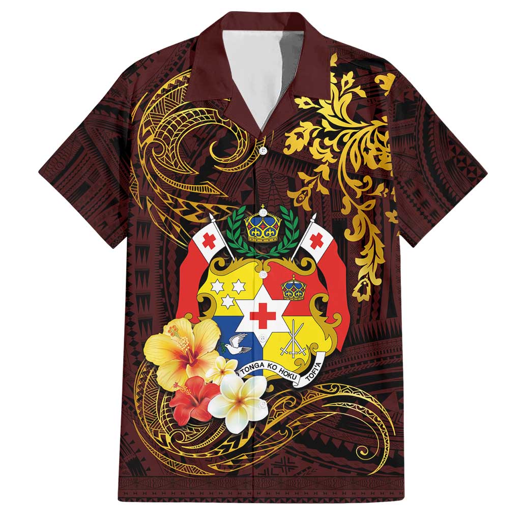 Tonga Ngatu and Hibiscus with Polynesian Tattoo Hawaiian Shirt Gold and Oxblood Color LT03 Oxblood - Polynesian Pride