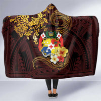 Tonga Ngatu and Hibiscus with Polynesian Tattoo Hooded Blanket Gold and Oxblood Color LT03 One Size Oxblood - Polynesian Pride