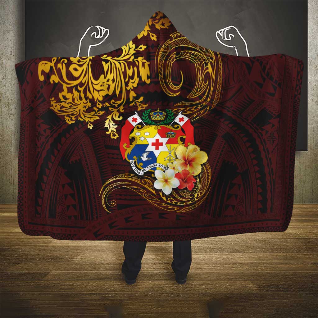 Tonga Ngatu and Hibiscus with Polynesian Tattoo Hooded Blanket Gold and Oxblood Color LT03 - Polynesian Pride