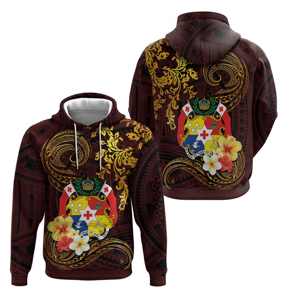 Tonga Ngatu and Hibiscus with Polynesian Tattoo Hoodie Gold and Oxblood Color LT03 - Polynesian Pride