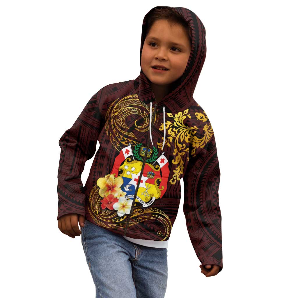 Tonga Ngatu and Hibiscus with Polynesian Tattoo Kid Hoodie Gold and Oxblood Color LT03 - Polynesian Pride