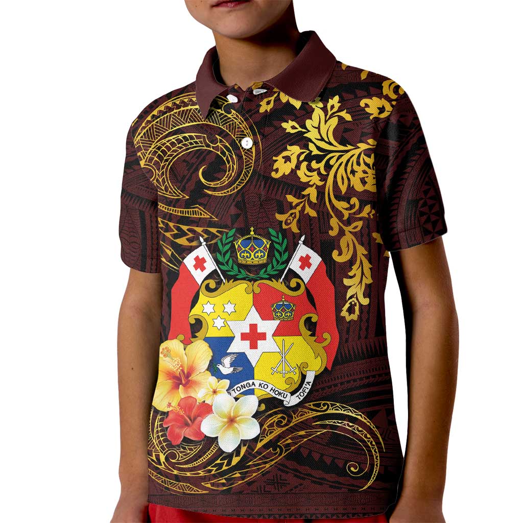 Tonga Ngatu and Hibiscus with Polynesian Tattoo Kid Polo Shirt Gold and Oxblood Color LT03 Kid Oxblood - Polynesian Pride