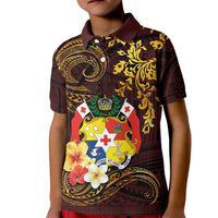 Tonga Ngatu and Hibiscus with Polynesian Tattoo Kid Polo Shirt Gold and Oxblood Color LT03 Kid Oxblood - Polynesian Pride
