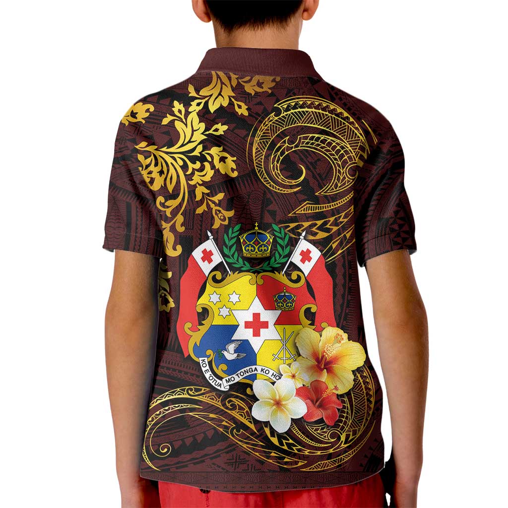 Tonga Ngatu and Hibiscus with Polynesian Tattoo Kid Polo Shirt Gold and Oxblood Color LT03 - Polynesian Pride