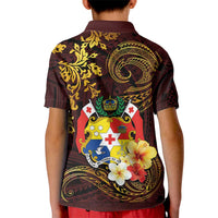 Tonga Ngatu and Hibiscus with Polynesian Tattoo Kid Polo Shirt Gold and Oxblood Color LT03 - Polynesian Pride