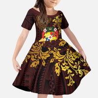 Tonga Ngatu and Hibiscus with Polynesian Tattoo Kid Short Sleeve Dress Gold and Oxblood Color LT03 KID Oxblood - Polynesian Pride