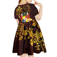 Tonga Ngatu and Hibiscus with Polynesian Tattoo Kid Short Sleeve Dress Gold and Oxblood Color LT03 - Polynesian Pride