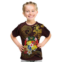 Tonga Ngatu and Hibiscus with Polynesian Tattoo Kid T Shirt Gold and Oxblood Color LT03 Oxblood - Polynesian Pride