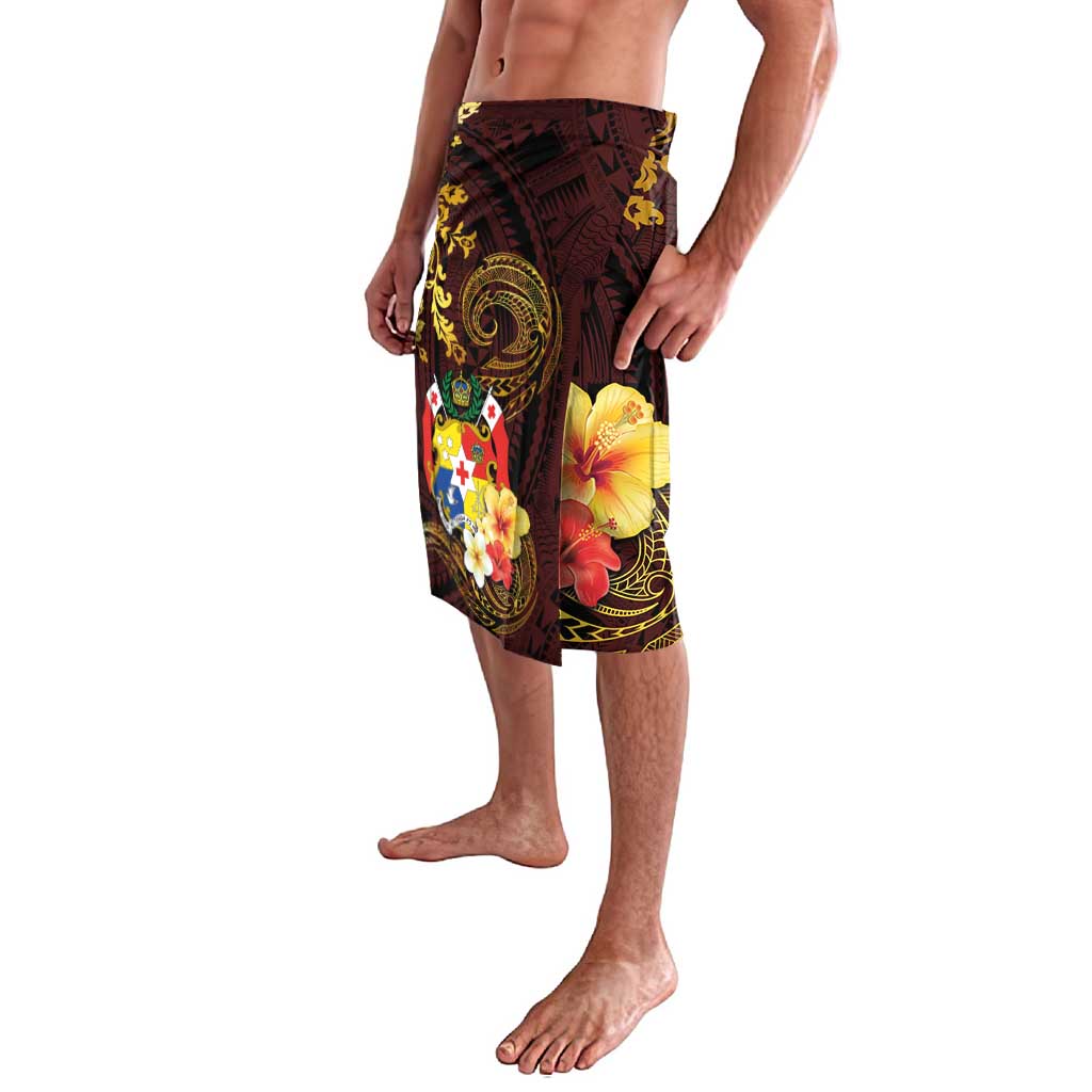 Tonga Ngatu and Hibiscus with Polynesian Tattoo Lavalava Gold and Oxblood Color