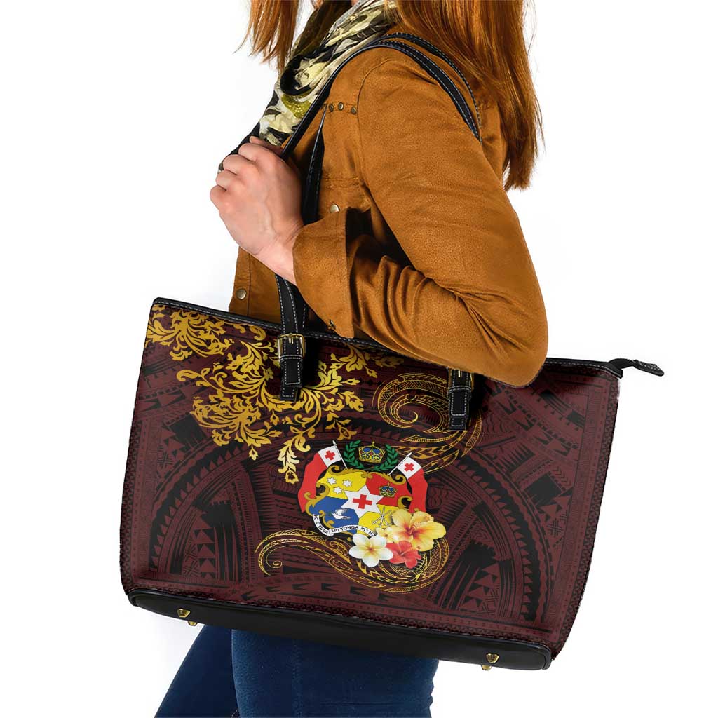 Tonga Ngatu and Hibiscus with Polynesian Tattoo Leather Tote Bag Gold and Oxblood Color LT03 Oxblood - Polynesian Pride