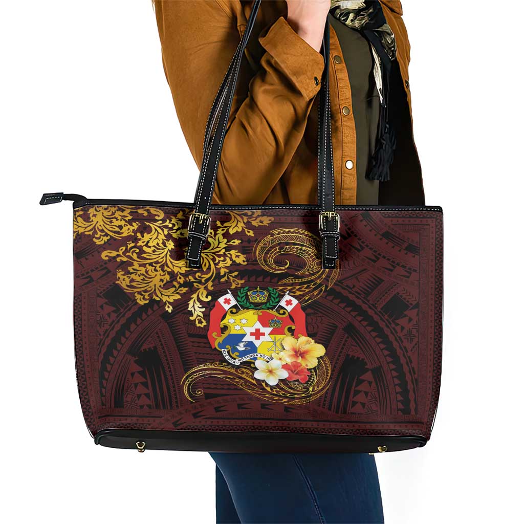 Tonga Ngatu and Hibiscus with Polynesian Tattoo Leather Tote Bag Gold and Oxblood Color LT03 - Polynesian Pride