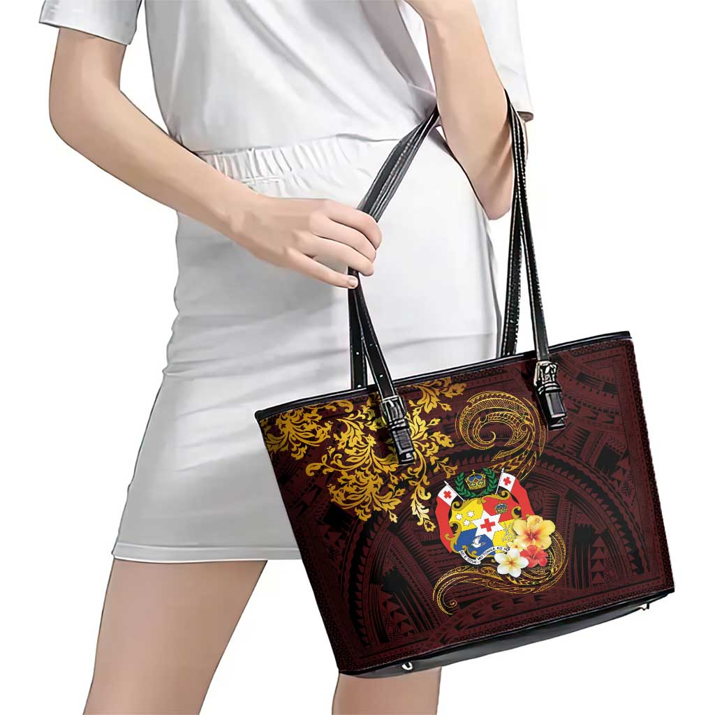 Tonga Ngatu and Hibiscus with Polynesian Tattoo Leather Tote Bag Gold and Oxblood Color LT03 - Polynesian Pride