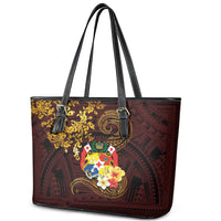Tonga Ngatu and Hibiscus with Polynesian Tattoo Leather Tote Bag Gold and Oxblood Color LT03 - Polynesian Pride