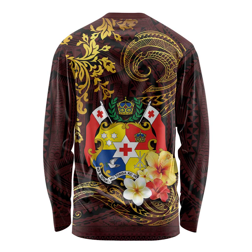 Tonga Ngatu and Hibiscus with Polynesian Tattoo Long Sleeve Shirt Gold and Oxblood Color LT03 - Polynesian Pride