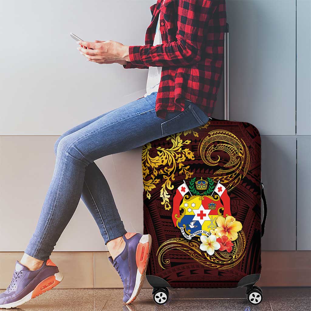 Tonga Ngatu and Hibiscus with Polynesian Tattoo Luggage Cover Gold and Oxblood Color LT03 - Polynesian Pride