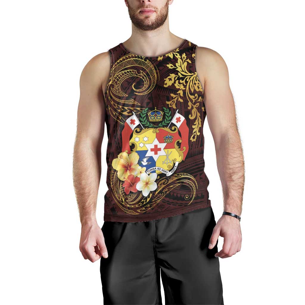 Tonga Ngatu and Hibiscus with Polynesian Tattoo Men Tank Top Gold and Oxblood Color LT03 - Polynesian Pride