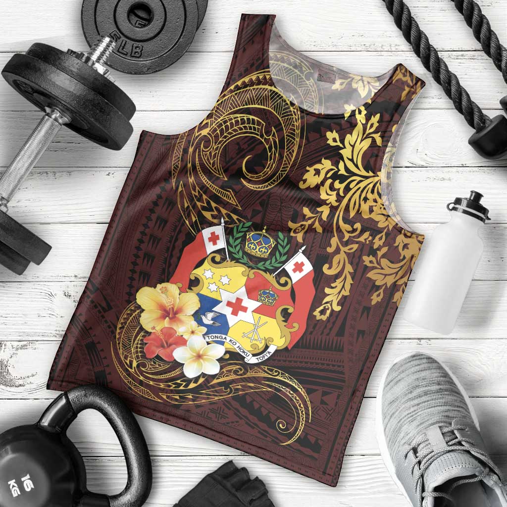 Tonga Ngatu and Hibiscus with Polynesian Tattoo Men Tank Top Gold and Oxblood Color LT03 - Polynesian Pride