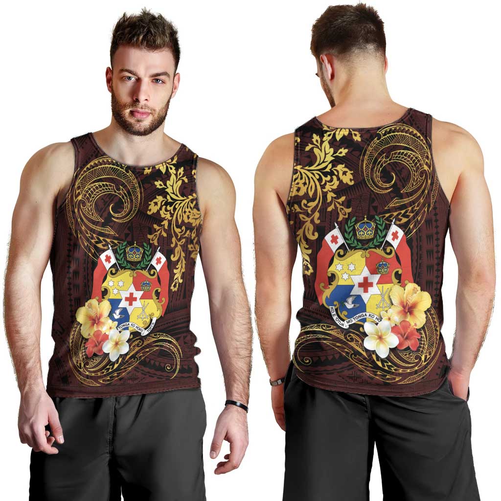 Tonga Ngatu and Hibiscus with Polynesian Tattoo Men Tank Top Gold and Oxblood Color LT03 - Polynesian Pride