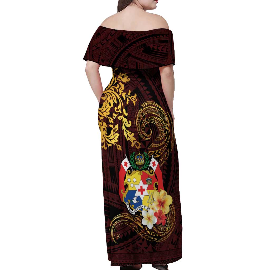 Tonga Ngatu and Hibiscus with Polynesian Tattoo Off Shoulder Maxi Dress Gold and Oxblood Color LT03 - Polynesian Pride
