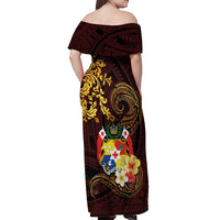 Tonga Ngatu and Hibiscus with Polynesian Tattoo Off Shoulder Maxi Dress Gold and Oxblood Color LT03 - Polynesian Pride