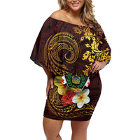 Tonga Ngatu and Hibiscus with Polynesian Tattoo Off Shoulder Short Dress Gold and Oxblood Color LT03 Women Oxblood - Polynesian Pride