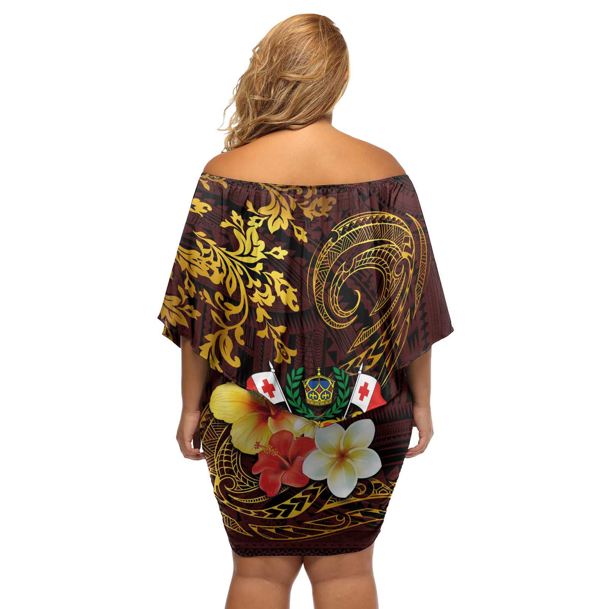 Tonga Ngatu and Hibiscus with Polynesian Tattoo Off Shoulder Short Dress Gold and Oxblood Color LT03 - Polynesian Pride