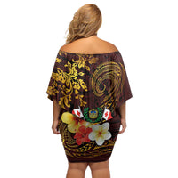 Tonga Ngatu and Hibiscus with Polynesian Tattoo Off Shoulder Short Dress Gold and Oxblood Color LT03 - Polynesian Pride