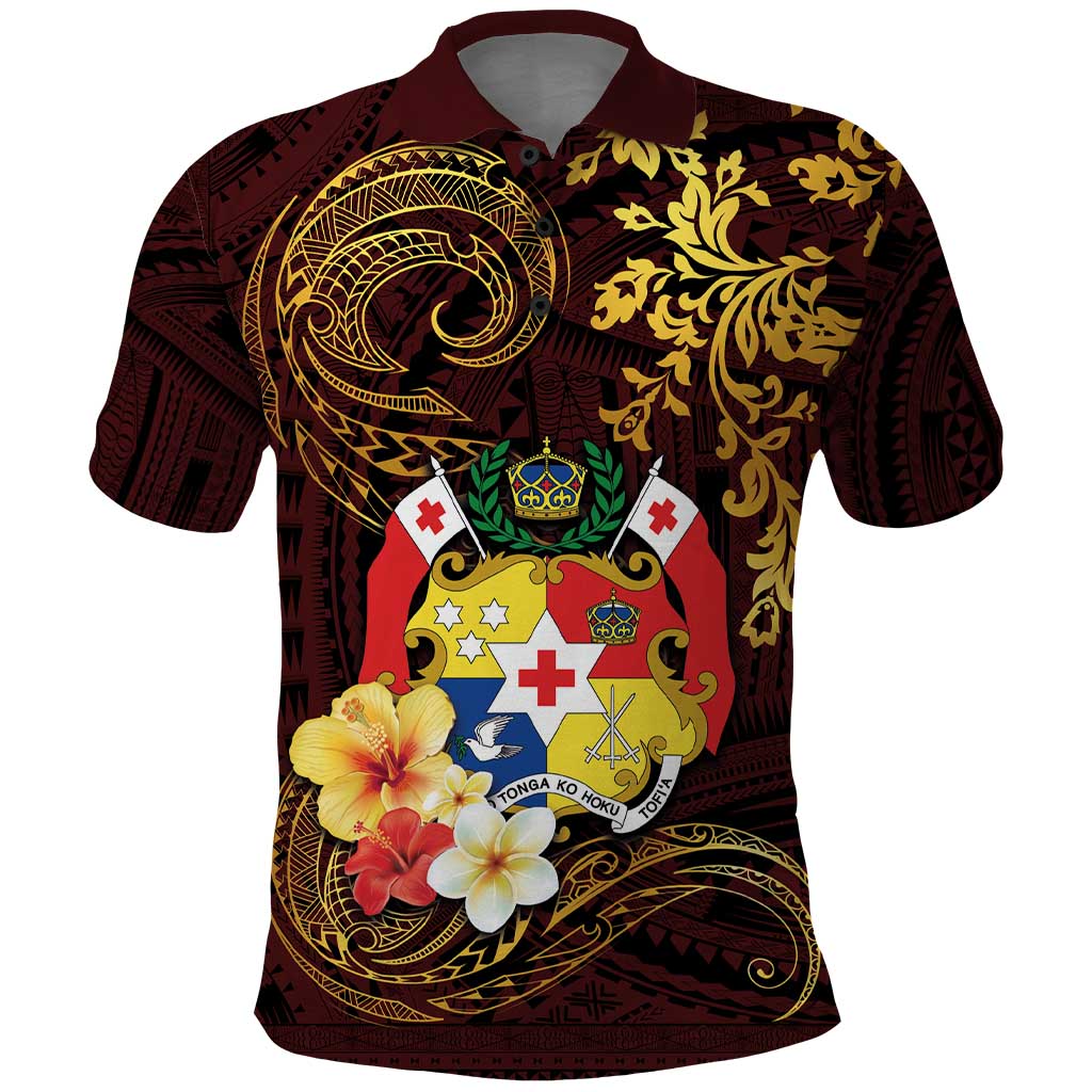 Tonga Ngatu and Hibiscus with Polynesian Tattoo Polo Shirt Gold and Oxblood Color LT03 Oxblood - Polynesian Pride