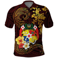 Tonga Ngatu and Hibiscus with Polynesian Tattoo Polo Shirt Gold and Oxblood Color LT03 Oxblood - Polynesian Pride