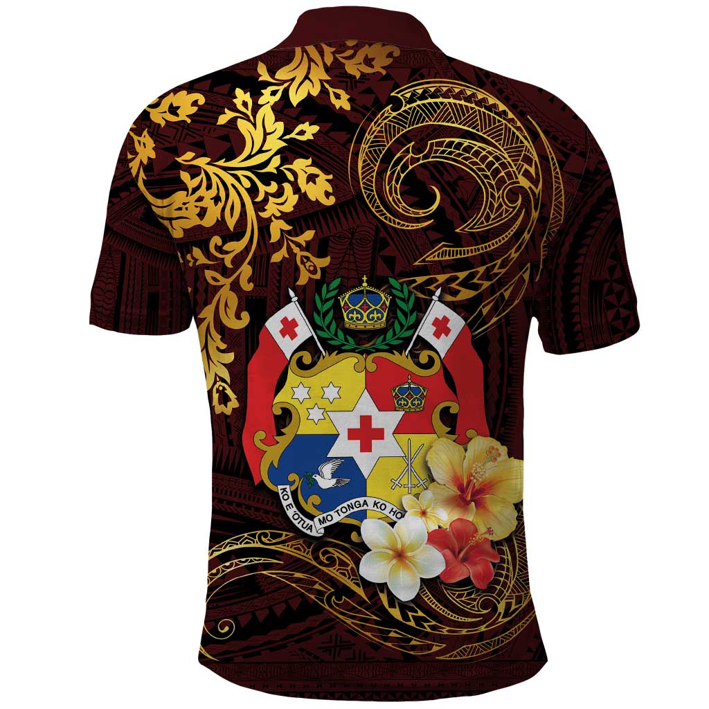Tonga Ngatu and Hibiscus with Polynesian Tattoo Polo Shirt Gold and Oxblood Color LT03 - Polynesian Pride